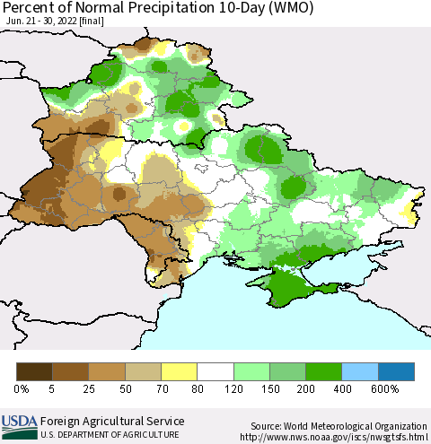 Ukraine, Moldova and Belarus Percent of Normal Precipitation 10-Day (WMO) Thematic Map For 6/21/2022 - 6/30/2022