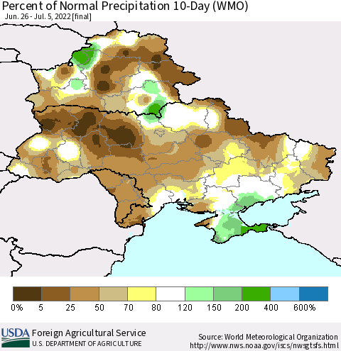 Ukraine, Moldova and Belarus Percent of Normal Precipitation 10-Day (WMO) Thematic Map For 6/26/2022 - 7/5/2022