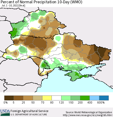 Ukraine, Moldova and Belarus Percent of Normal Precipitation 10-Day (WMO) Thematic Map For 7/1/2022 - 7/10/2022