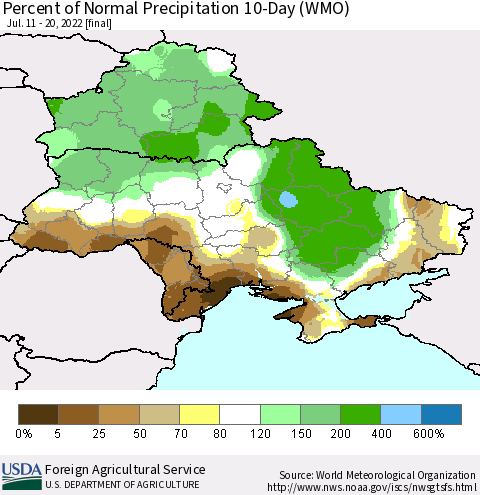 Ukraine, Moldova and Belarus Percent of Normal Precipitation 10-Day (WMO) Thematic Map For 7/11/2022 - 7/20/2022