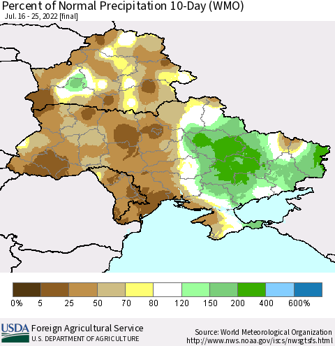 Ukraine, Moldova and Belarus Percent of Normal Precipitation 10-Day (WMO) Thematic Map For 7/16/2022 - 7/25/2022