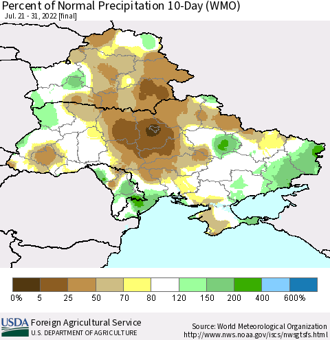 Ukraine, Moldova and Belarus Percent of Normal Precipitation 10-Day (WMO) Thematic Map For 7/21/2022 - 7/31/2022