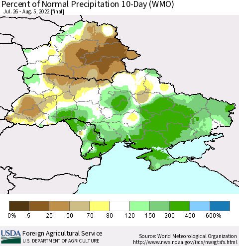 Ukraine, Moldova and Belarus Percent of Normal Precipitation 10-Day (WMO) Thematic Map For 7/26/2022 - 8/5/2022