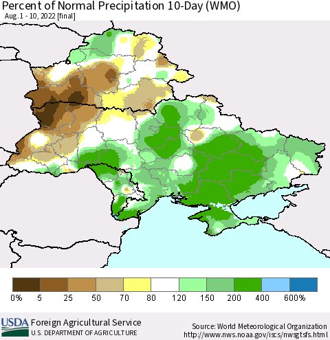 Ukraine, Moldova and Belarus Percent of Normal Precipitation 10-Day (WMO) Thematic Map For 8/1/2022 - 8/10/2022