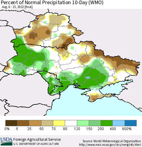 Ukraine, Moldova and Belarus Percent of Normal Precipitation 10-Day (WMO) Thematic Map For 8/6/2022 - 8/15/2022