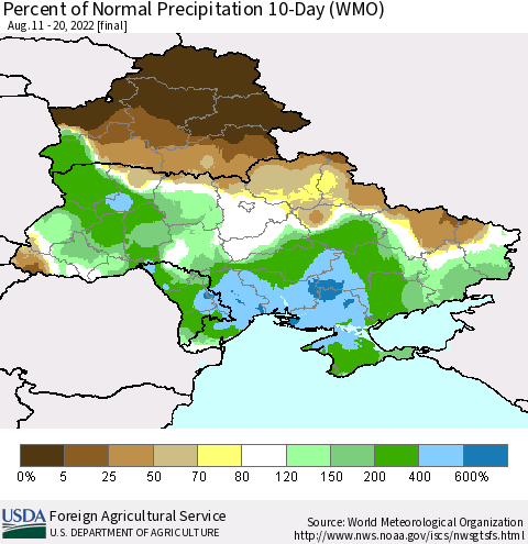 Ukraine, Moldova and Belarus Percent of Normal Precipitation 10-Day (WMO) Thematic Map For 8/11/2022 - 8/20/2022