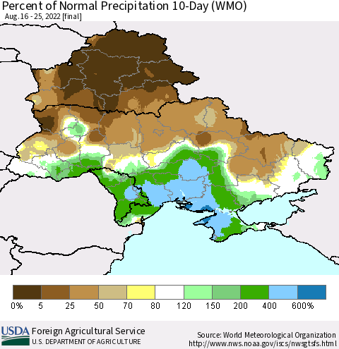 Ukraine, Moldova and Belarus Percent of Normal Precipitation 10-Day (WMO) Thematic Map For 8/16/2022 - 8/25/2022