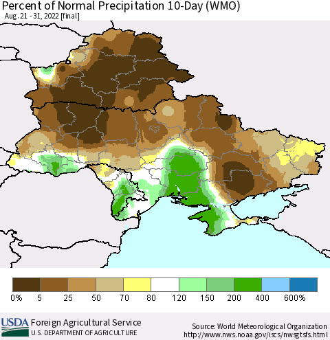 Ukraine, Moldova and Belarus Percent of Normal Precipitation 10-Day (WMO) Thematic Map For 8/21/2022 - 8/31/2022