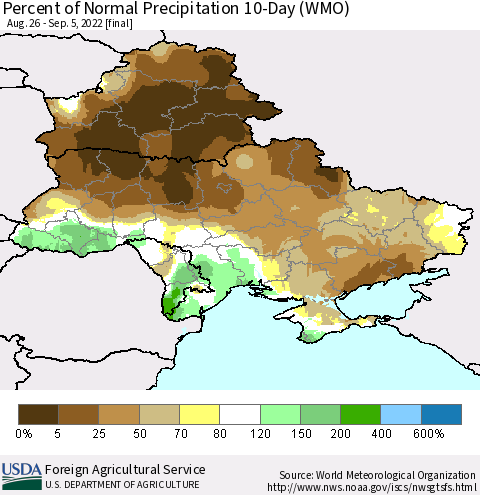 Ukraine, Moldova and Belarus Percent of Normal Precipitation 10-Day (WMO) Thematic Map For 8/26/2022 - 9/5/2022