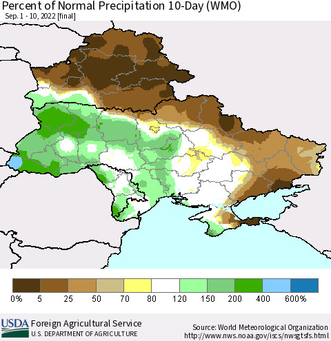 Ukraine, Moldova and Belarus Percent of Normal Precipitation 10-Day (WMO) Thematic Map For 9/1/2022 - 9/10/2022