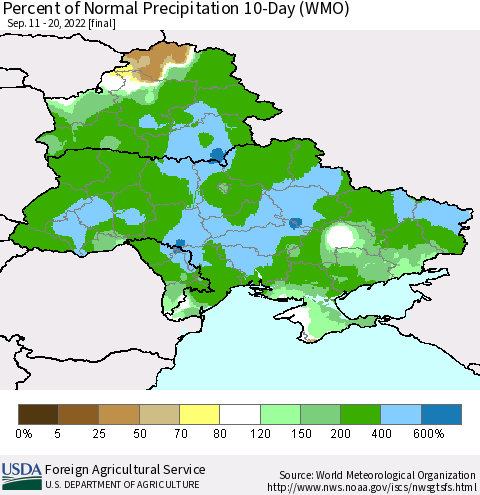 Ukraine, Moldova and Belarus Percent of Normal Precipitation 10-Day (WMO) Thematic Map For 9/11/2022 - 9/20/2022