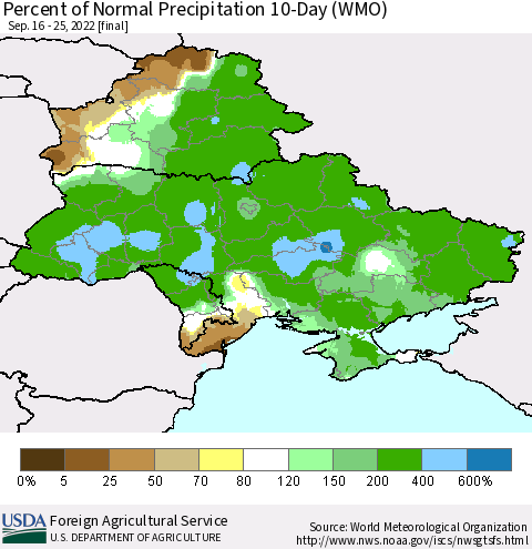 Ukraine, Moldova and Belarus Percent of Normal Precipitation 10-Day (WMO) Thematic Map For 9/16/2022 - 9/25/2022