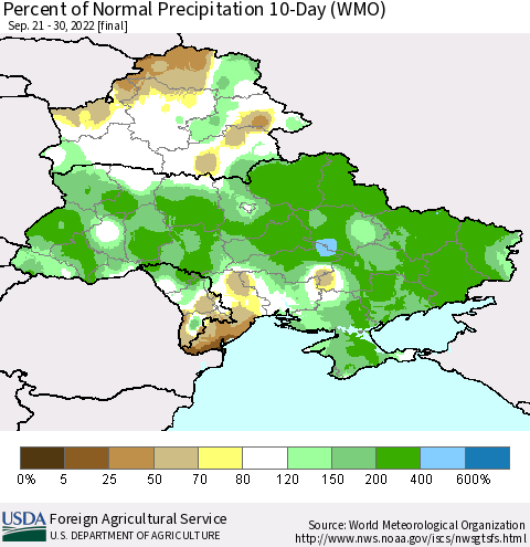 Ukraine, Moldova and Belarus Percent of Normal Precipitation 10-Day (WMO) Thematic Map For 9/21/2022 - 9/30/2022