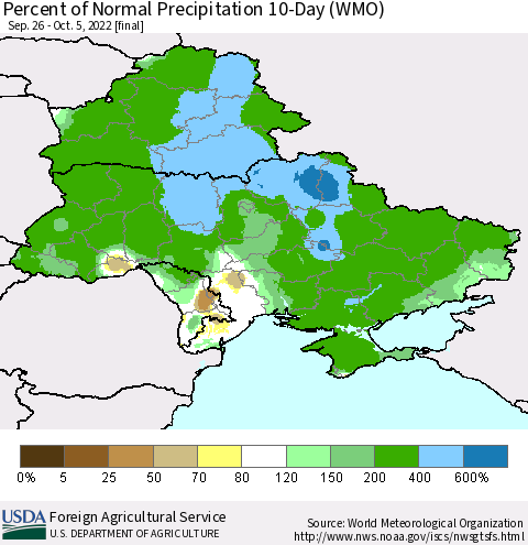 Ukraine, Moldova and Belarus Percent of Normal Precipitation 10-Day (WMO) Thematic Map For 9/26/2022 - 10/5/2022