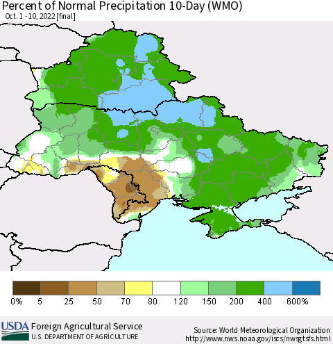 Ukraine, Moldova and Belarus Percent of Normal Precipitation 10-Day (WMO) Thematic Map For 10/1/2022 - 10/10/2022