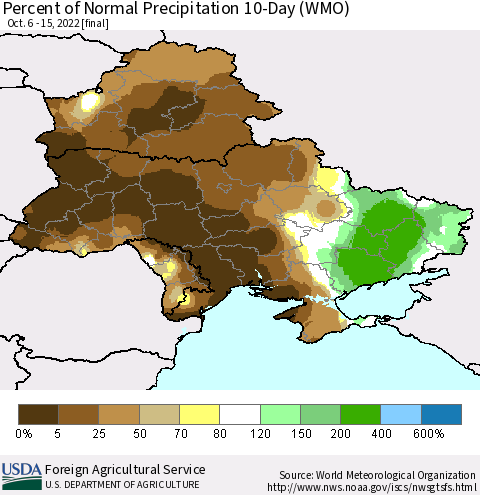 Ukraine, Moldova and Belarus Percent of Normal Precipitation 10-Day (WMO) Thematic Map For 10/6/2022 - 10/15/2022