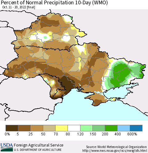Ukraine, Moldova and Belarus Percent of Normal Precipitation 10-Day (WMO) Thematic Map For 10/11/2022 - 10/20/2022