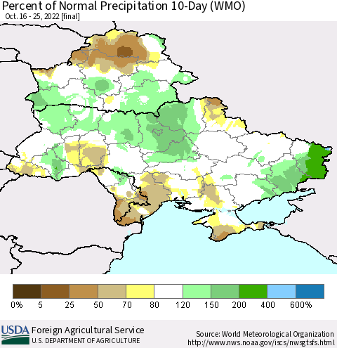 Ukraine, Moldova and Belarus Percent of Normal Precipitation 10-Day (WMO) Thematic Map For 10/16/2022 - 10/25/2022