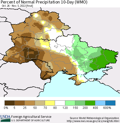 Ukraine, Moldova and Belarus Percent of Normal Precipitation 10-Day (WMO) Thematic Map For 10/26/2022 - 11/5/2022
