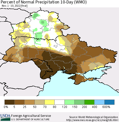 Ukraine, Moldova and Belarus Percent of Normal Precipitation 10-Day (WMO) Thematic Map For 11/1/2022 - 11/10/2022