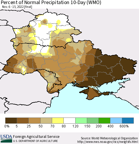 Ukraine, Moldova and Belarus Percent of Normal Precipitation 10-Day (WMO) Thematic Map For 11/6/2022 - 11/15/2022