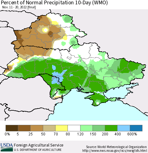 Ukraine, Moldova and Belarus Percent of Normal Precipitation 10-Day (WMO) Thematic Map For 11/11/2022 - 11/20/2022