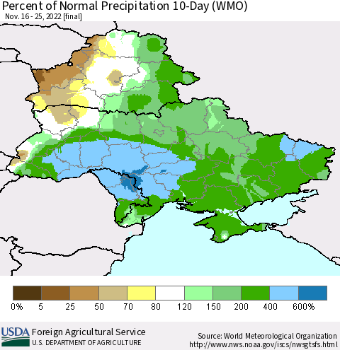 Ukraine, Moldova and Belarus Percent of Normal Precipitation 10-Day (WMO) Thematic Map For 11/16/2022 - 11/25/2022