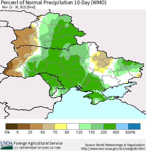 Ukraine, Moldova and Belarus Percent of Normal Precipitation 10-Day (WMO) Thematic Map For 11/21/2022 - 11/30/2022