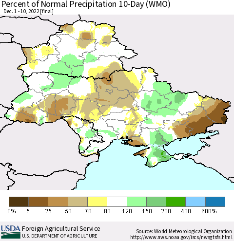Ukraine, Moldova and Belarus Percent of Normal Precipitation 10-Day (WMO) Thematic Map For 12/1/2022 - 12/10/2022