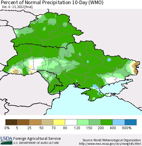 Ukraine, Moldova and Belarus Percent of Normal Precipitation 10-Day (WMO) Thematic Map For 12/6/2022 - 12/15/2022