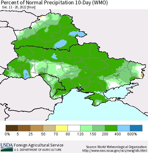 Ukraine, Moldova and Belarus Percent of Normal Precipitation 10-Day (WMO) Thematic Map For 12/11/2022 - 12/20/2022