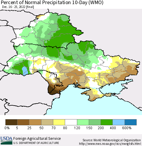 Ukraine, Moldova and Belarus Percent of Normal Precipitation 10-Day (WMO) Thematic Map For 12/16/2022 - 12/25/2022