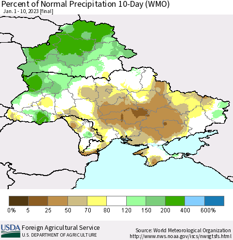 Ukraine, Moldova and Belarus Percent of Normal Precipitation 10-Day (WMO) Thematic Map For 1/1/2023 - 1/10/2023