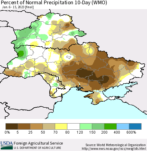 Ukraine, Moldova and Belarus Percent of Normal Precipitation 10-Day (WMO) Thematic Map For 1/6/2023 - 1/15/2023