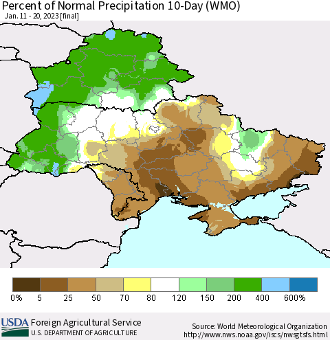 Ukraine, Moldova and Belarus Percent of Normal Precipitation 10-Day (WMO) Thematic Map For 1/11/2023 - 1/20/2023