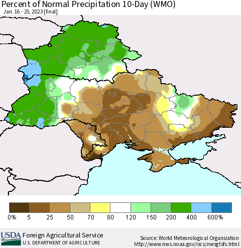 Ukraine, Moldova and Belarus Percent of Normal Precipitation 10-Day (WMO) Thematic Map For 1/16/2023 - 1/25/2023