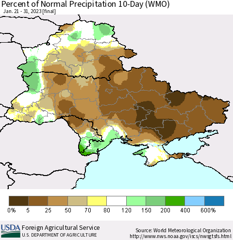 Ukraine, Moldova and Belarus Percent of Normal Precipitation 10-Day (WMO) Thematic Map For 1/21/2023 - 1/31/2023