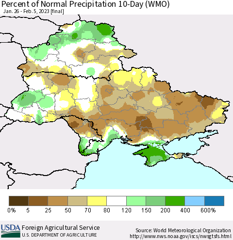 Ukraine, Moldova and Belarus Percent of Normal Precipitation 10-Day (WMO) Thematic Map For 1/26/2023 - 2/5/2023