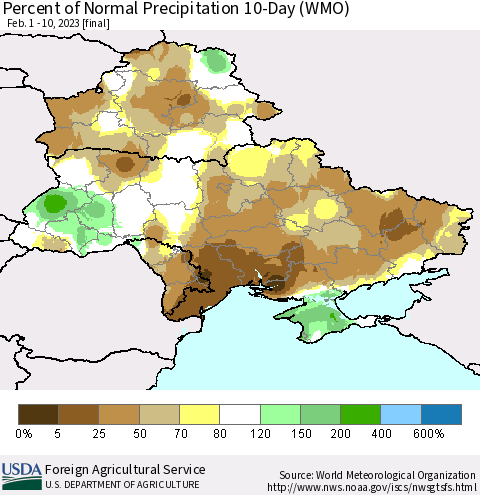 Ukraine, Moldova and Belarus Percent of Normal Precipitation 10-Day (WMO) Thematic Map For 2/1/2023 - 2/10/2023