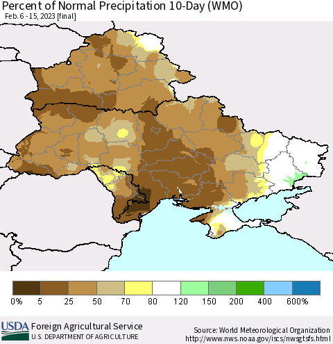 Ukraine, Moldova and Belarus Percent of Normal Precipitation 10-Day (WMO) Thematic Map For 2/6/2023 - 2/15/2023