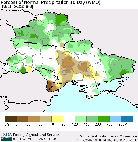 Ukraine, Moldova and Belarus Percent of Normal Precipitation 10-Day (WMO) Thematic Map For 2/11/2023 - 2/20/2023