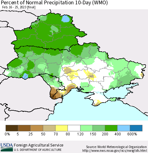 Ukraine, Moldova and Belarus Percent of Normal Precipitation 10-Day (WMO) Thematic Map For 2/16/2023 - 2/25/2023