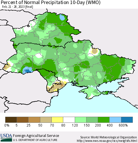 Ukraine, Moldova and Belarus Percent of Normal Precipitation 10-Day (WMO) Thematic Map For 2/21/2023 - 2/28/2023