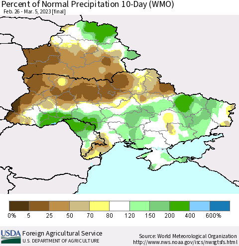 Ukraine, Moldova and Belarus Percent of Normal Precipitation 10-Day (WMO) Thematic Map For 2/26/2023 - 3/5/2023