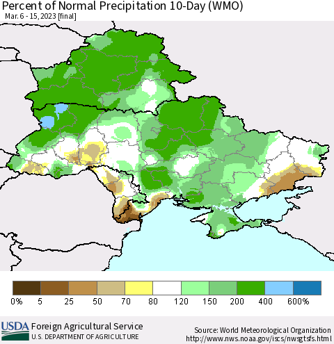 Ukraine, Moldova and Belarus Percent of Normal Precipitation 10-Day (WMO) Thematic Map For 3/6/2023 - 3/15/2023