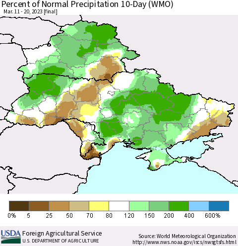 Ukraine, Moldova and Belarus Percent of Normal Precipitation 10-Day (WMO) Thematic Map For 3/11/2023 - 3/20/2023