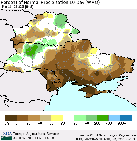 Ukraine, Moldova and Belarus Percent of Normal Precipitation 10-Day (WMO) Thematic Map For 3/16/2023 - 3/25/2023