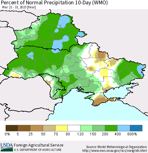 Ukraine, Moldova and Belarus Percent of Normal Precipitation 10-Day (WMO) Thematic Map For 3/21/2023 - 3/31/2023