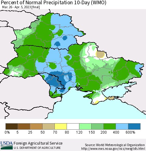 Ukraine, Moldova and Belarus Percent of Normal Precipitation 10-Day (WMO) Thematic Map For 3/26/2023 - 4/5/2023