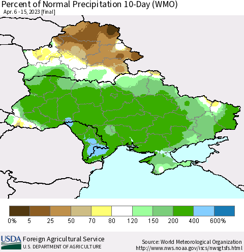 Ukraine, Moldova and Belarus Percent of Normal Precipitation 10-Day (WMO) Thematic Map For 4/6/2023 - 4/15/2023